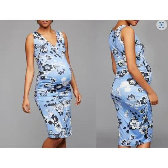 NEW Yumi Kim Maternity XL Hold Tight Dress Wonderful Life Blue Floral Stretchy - Picture 7 of 14